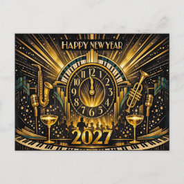 Glamorous Gold Art Deco New Year Jazz Celebration シーズンポストカード