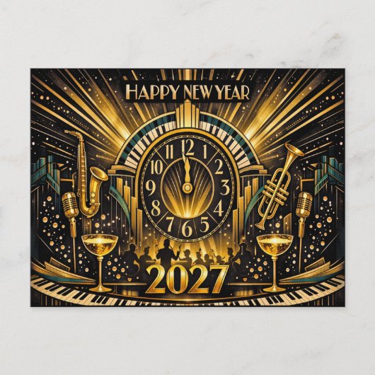 Glamorous Gold Art Deco New Year Jazz Celebration シーズンポストカード (正面)