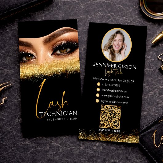 Glamorous Gold & Black Lash Tech QR Code  名刺