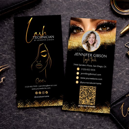 Glamorous Gold & Black Lash Tech QR Code 名刺