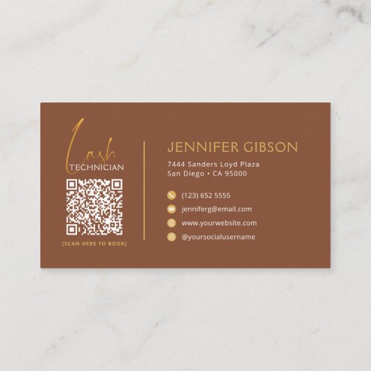 Glamorous Gold & Brown Lash Tech QR Code  名刺 (裏面)