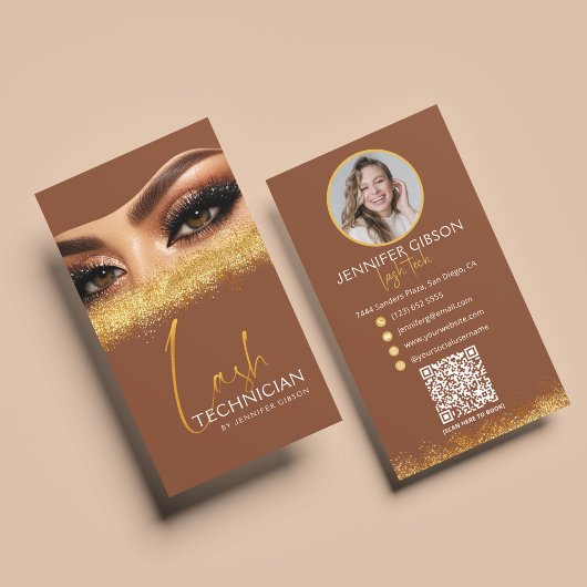Glamorous Gold & Brown Lash Tech QR Code  名刺