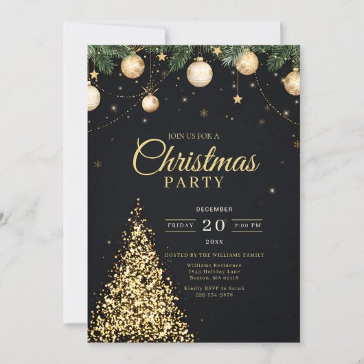 Glamorous Gold Christmas Tree Party Invite 招待状 (正面)