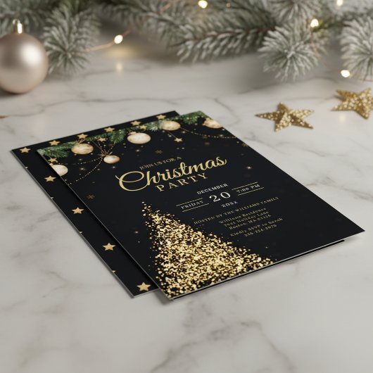 Glamorous Gold Christmas Tree Party Invite 招待状