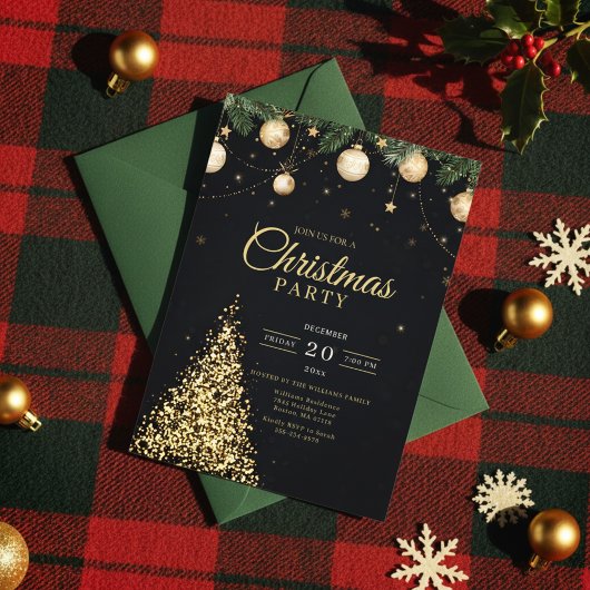Glamorous Gold Christmas Tree Party Invite 招待状