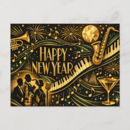 Glamorous Gold Jazz Art Deco New Year シーズンポストカード