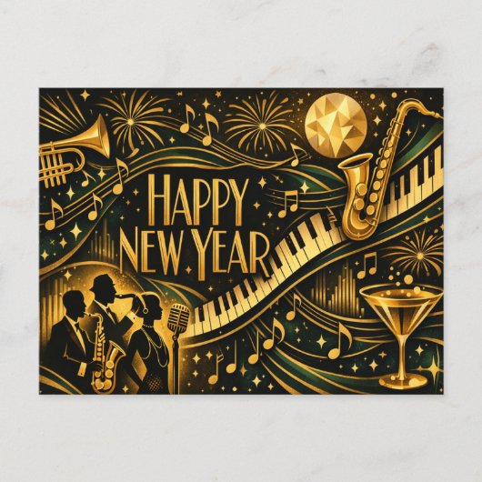 Glamorous Gold Jazz Art Deco New Year シーズンポストカード (正面)