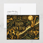 Glamorous Gold Jazz Art Deco New Year シーズンポストカード (正面/裏面)
