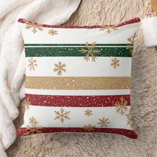 Glamorous Gold Snowflake Stripe クッション (ブランケット)