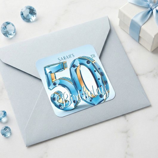Glamorous Light Blue Jewel 50th Birthday スクエアシール
