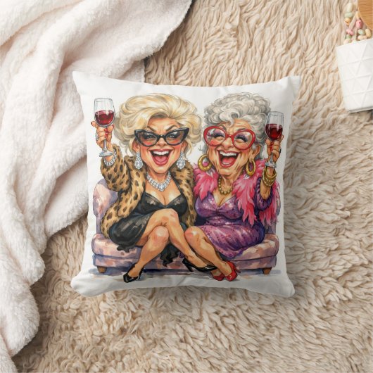 Glamorous Old Ladies With Red Wine クッション (ブランケット)