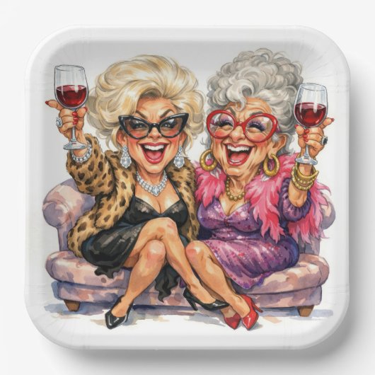 Glamorous Old Ladies With Red Wine ペーパープレート (正面)