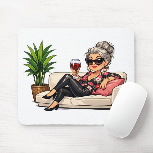 Glamorous Old Lady With Wine マウスパッド (マウス)
