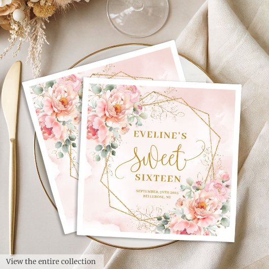 Glamorous Pastel Pink Gold Floral Sweet 16 Napkins スタンダードランチョンナプキン