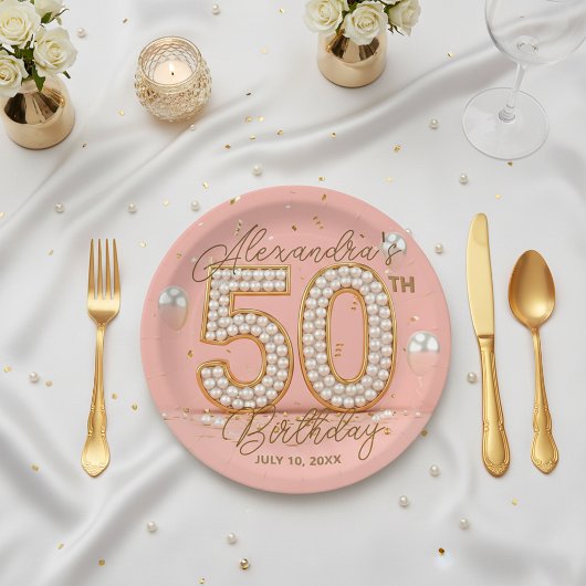 Glamorous Pearl and Gold 50th Birthday Party ペーパープレート