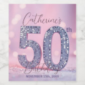Glamorous Pink Bokeh Silver Sequins 50th Birthday ワインラベル (シングルラベル)