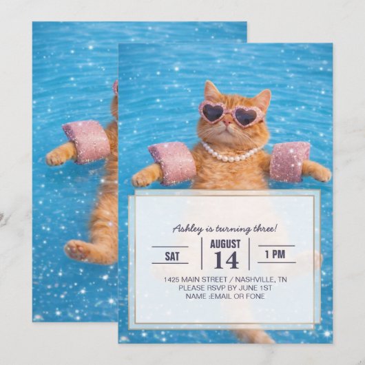    Glamorous Poolside Cat Floating In Style        招待状 (正面/裏面)