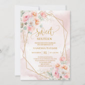 Glamorous Powder Pink Gold Flowers Sweet 16 Invite 招待状 (正面)