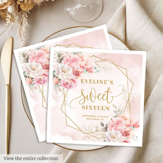 Glamorous Powder Pink Gold Flowers Sweet 16 Napkin スタンダードランチョンナプキン