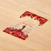 Glamorous Red & Gold Floral Quinceanera アクリル招待状 (レイダウン)