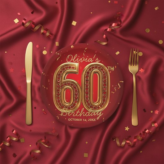 Glamorous Ruby Gemstone Gold 60th Birthday Party ペーパープレート