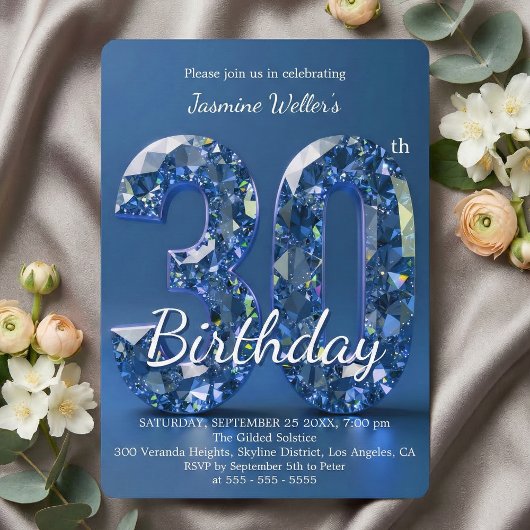 Glamorous Sapphire Blue Diamond 30th Birthday 招待状