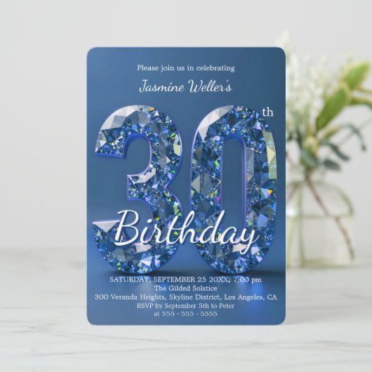 Glamorous Sapphire Blue Diamond 30th Birthday 招待状 (スタンド正面)