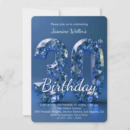 Glamorous Sapphire Blue Diamond 30th Birthday 招待状 (正面)