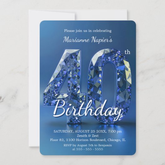 Glamorous Sapphire Blue Diamond 40th Birthday 招待状 (正面)