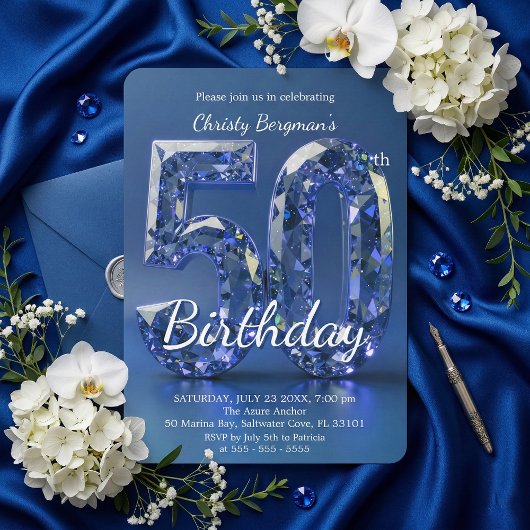 Glamorous Sapphire Blue Diamond 50th Birthday 招待状