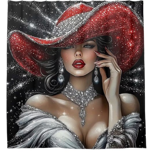 Glamorous Sparkle Lady in Red Hat シャワーカーテン (正面)