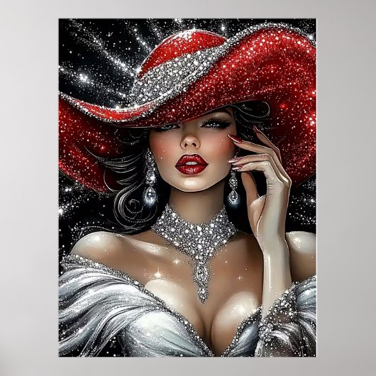Glamorous Sparkle Lady in Red Hat ポスター (正面)