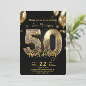 Glamorous Sparkly Black and Gold 50th Birthday 招待状 (スタンド正面)