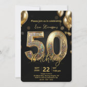 Glamorous Sparkly Black and Gold 50th Birthday 招待状 (正面)