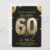 Glamorous Sparkly Black and Gold 60th Birthday 招待状 (正面)