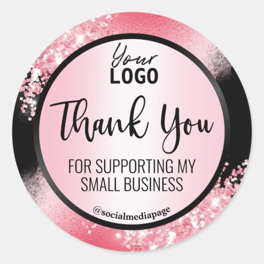Glamoulousブラックとピンクグリッターサンキューロゴ ラウンドシール (正面)
