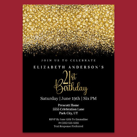 Glamour Gold Jeweled Glitter 21st Birthday 招待状