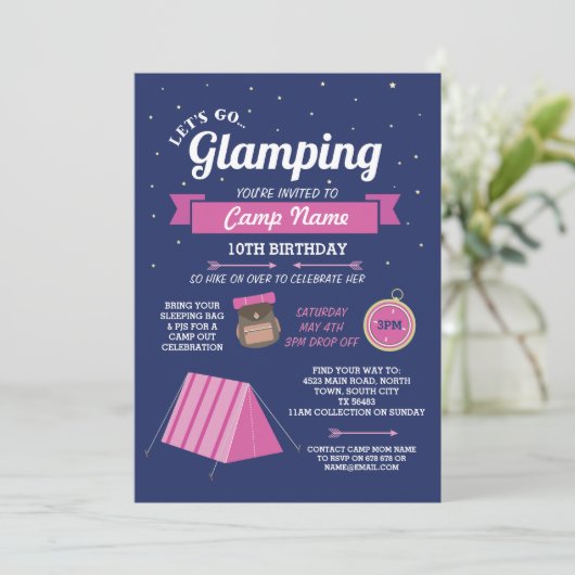 Glampingのキャンプ海軍ピンクの行こう招待状 招待状 (スタンド正面)