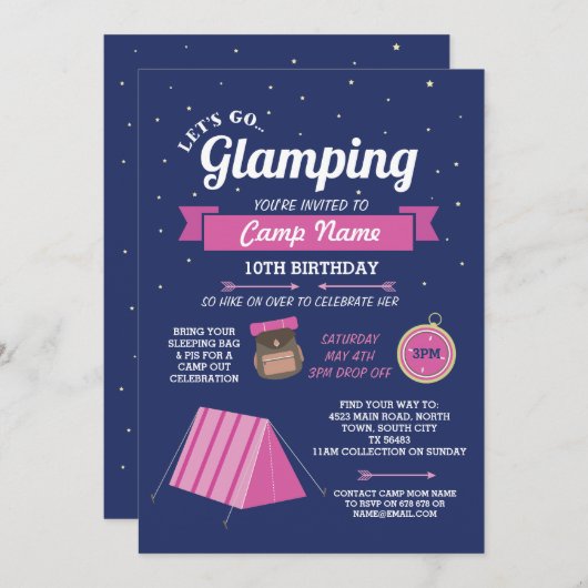 Glampingのキャンプ海軍ピンクの行こう招待状 招待状 (正面/裏面)