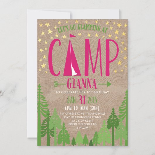 Glamping Birthday Party Invitation for Pennie 招待状 (正面)