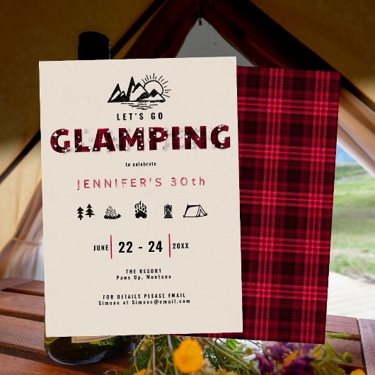 Glamping Red Plaid Rhinestones 30th Birthdayパーティー 招待状
