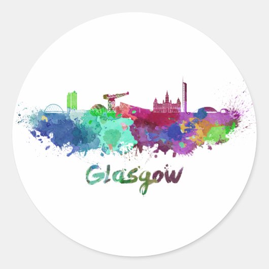 Glasgow skyline in watercolor ラウンドシール (正面)