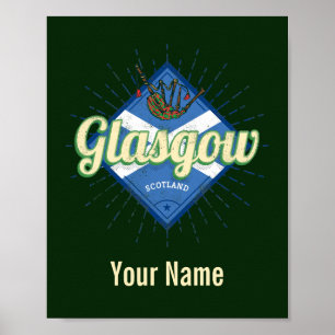 Glasgow UK City Scotland Retro Bagpipes Vintage ポスター