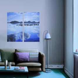 GLass湖、鏡反射、鳥、雲 キャンバスプリント