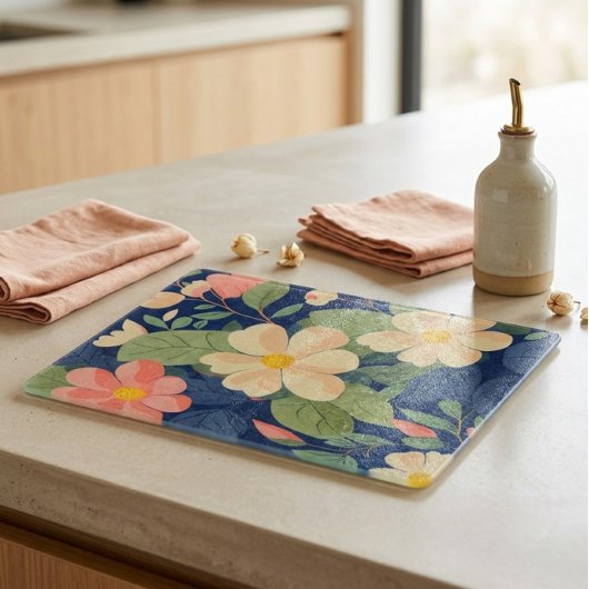 Glass Cutting Board Navy Pink Floral Botanical カッティングボード
