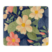 Glass Cutting Board Navy Pink Floral Botanical カッティングボード (正面)