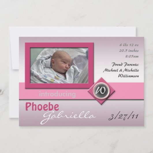 Glass Monogramモダン Pink Birth Announcement 案内状 (正面)