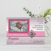 Glass Monogramモダン Pink Birth Announcement 案内状 (スタンド正面)