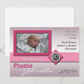 Glass Monogramモダン Pink Birth Announcement 案内状 (正面/裏面)