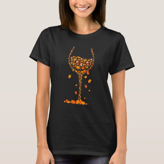 Glass Of Wine Maple Leaf Autumn Fall Funny Drink W Tシャツ (正面)